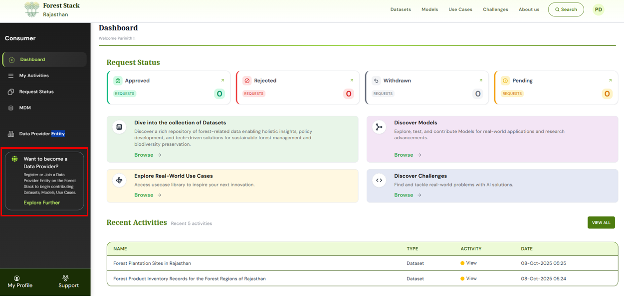 Accessing Join Data Provider Entity Option from the dashboard