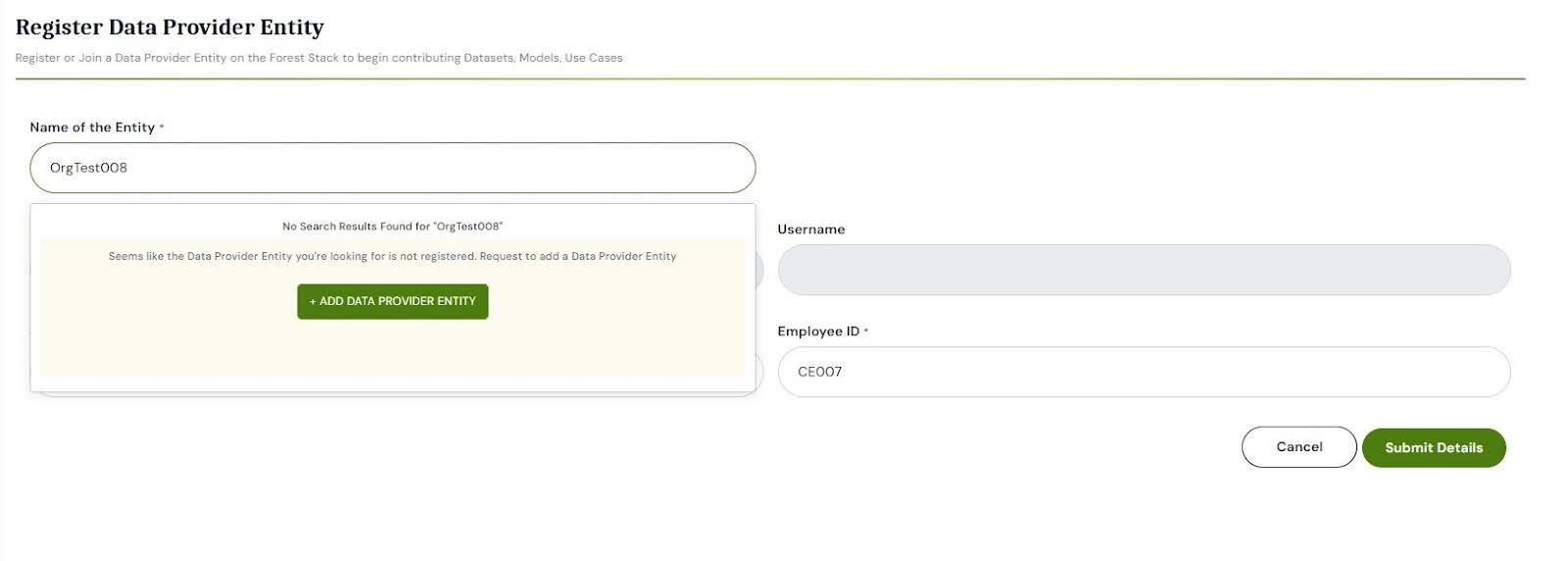 Option to Add Data Provider Entity when not found in search